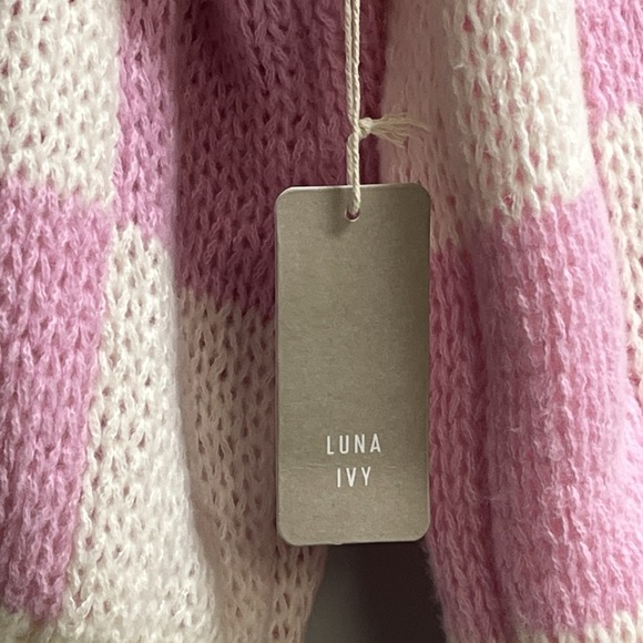 Luna Ivy Sweater Womens L Pink White Checkerboard Heart Thick Knit Pullover - Picture 4 of 9